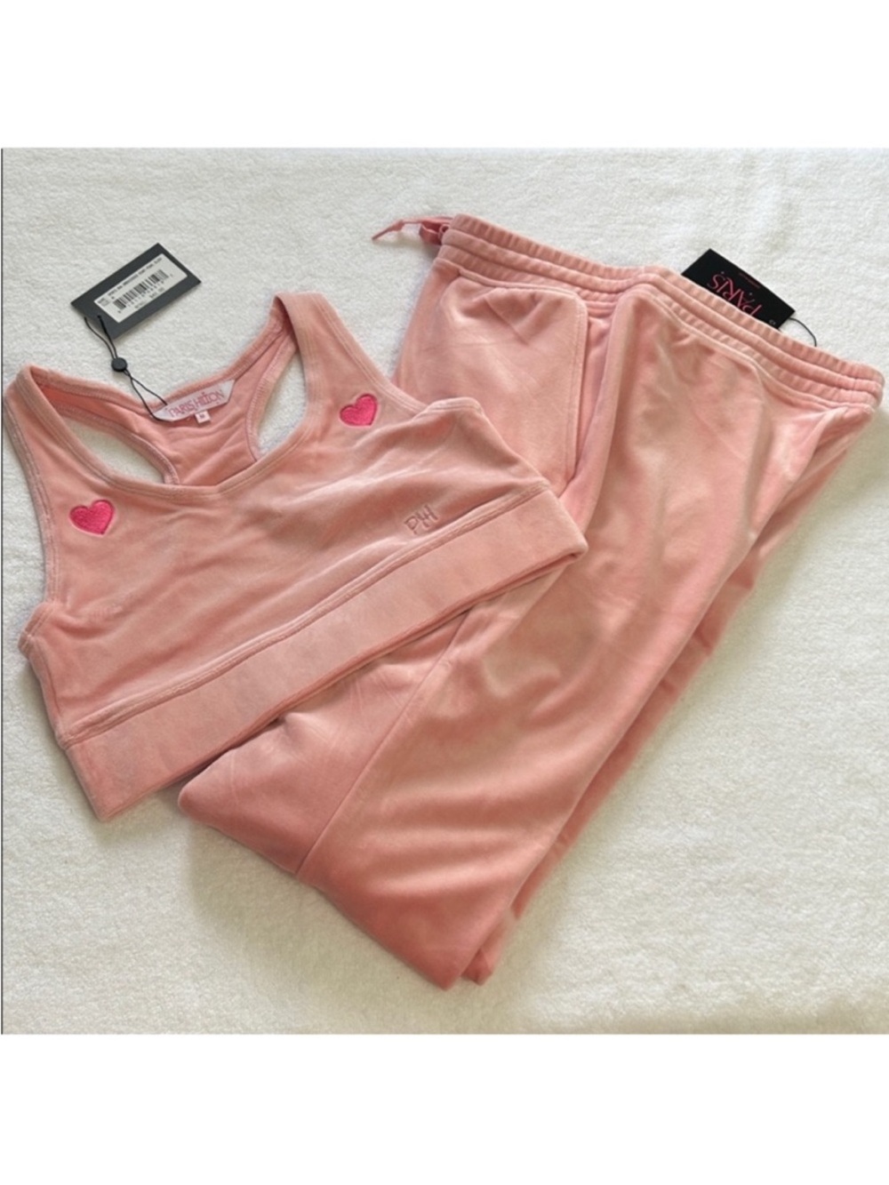 Paris Hilton Medium Set Masterpiece Pants Heart Sports Bra Pearl Blush pink NWT - Picture 5 of 15